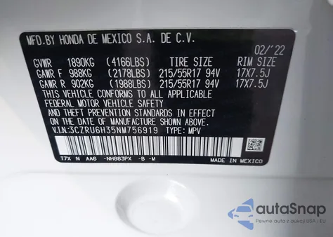 2022 Honda Hr-V Awd Lx z USA, uszkodzony, nr VIN 3CZRU6H35NM756919